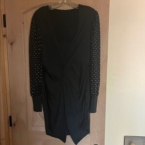 SHEIN Black Long Sleeve Twist Front Dress with Embellished Sheer Sleeves